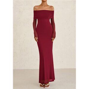 Elegant Burgundy Off-Shoulder Maxi Dress